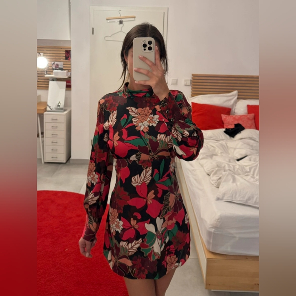 Zara Flower Pattern Mock Neck Mini Dress